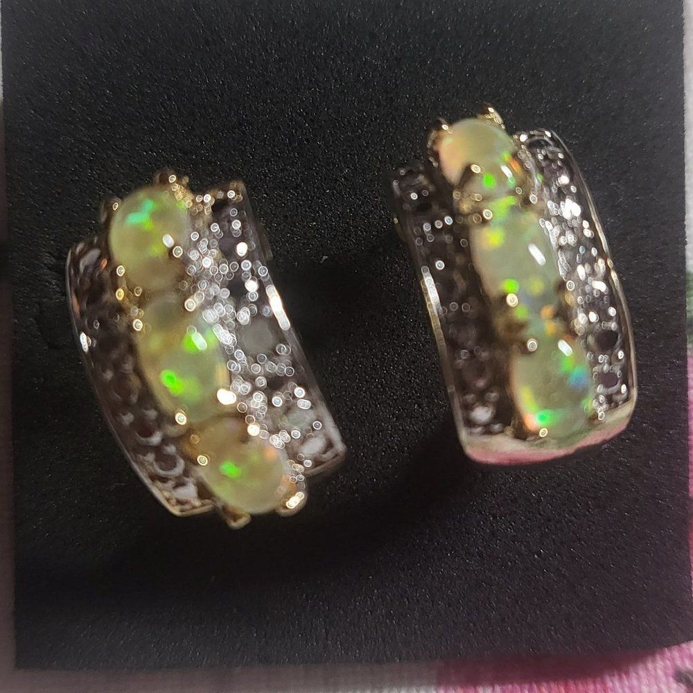 Tri Opal Diamond Accent "J” Hoop Earrings 18K Gold over Sterling Silver